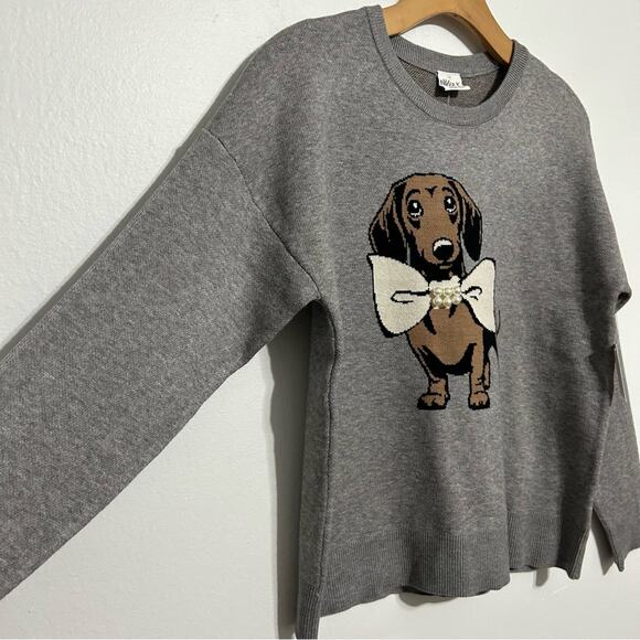 Nikka K graphic novelty gray sweater Dachshund Dog Bow Pearl Christmas NEW sz L - Picture 6 of 10